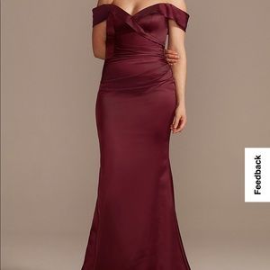 Satin off the shoulder mermaid bridesmaid dress. Wine color.